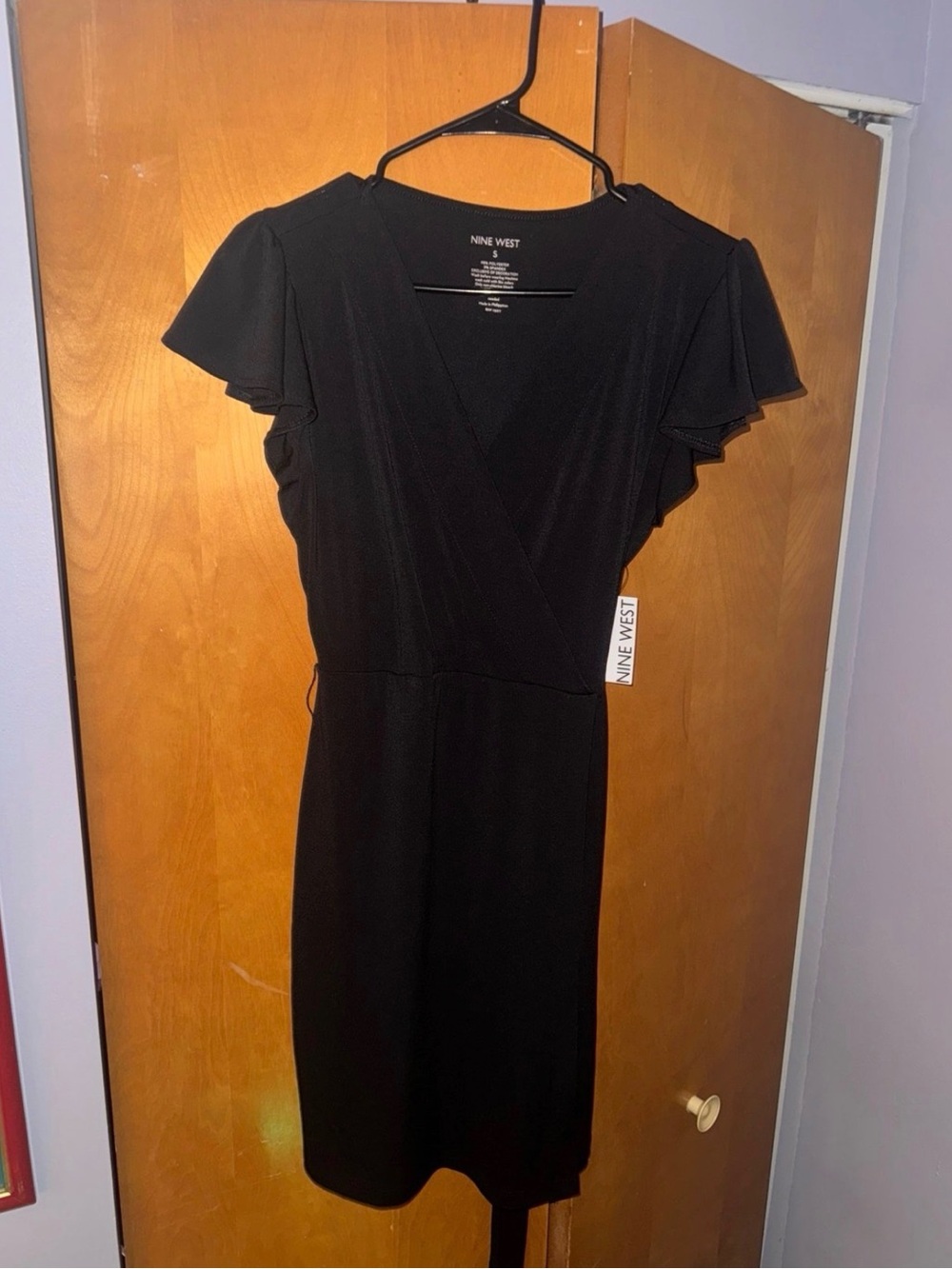 Nine West Black Flutter-Sleeve Faux Wrap Midi Dress